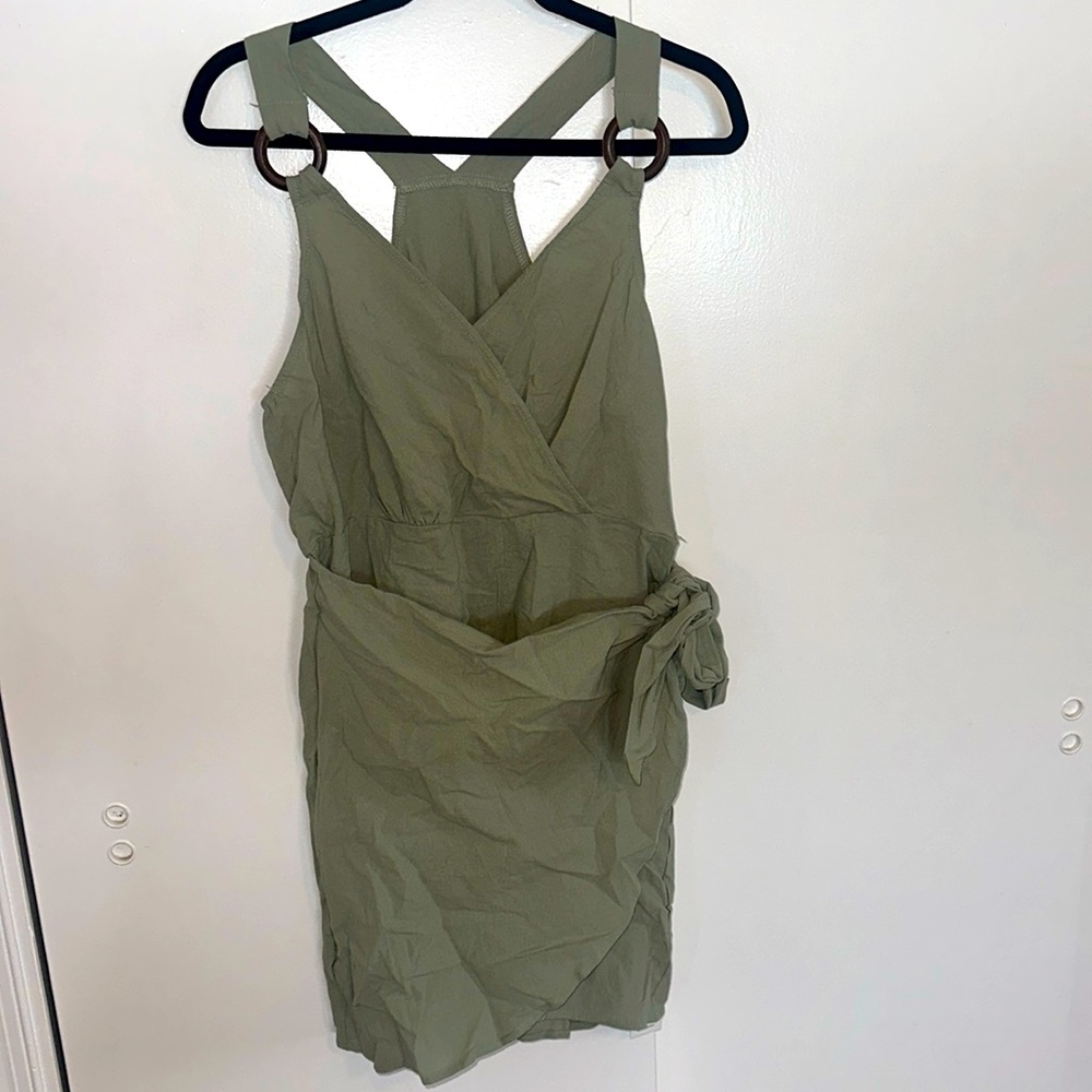 Summer jumper dress, light army green, wrap around front with button
